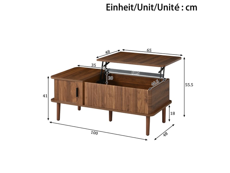  Table basse relevable effet bois noyer style rétro 100x48x55,5cm  - Conforama E