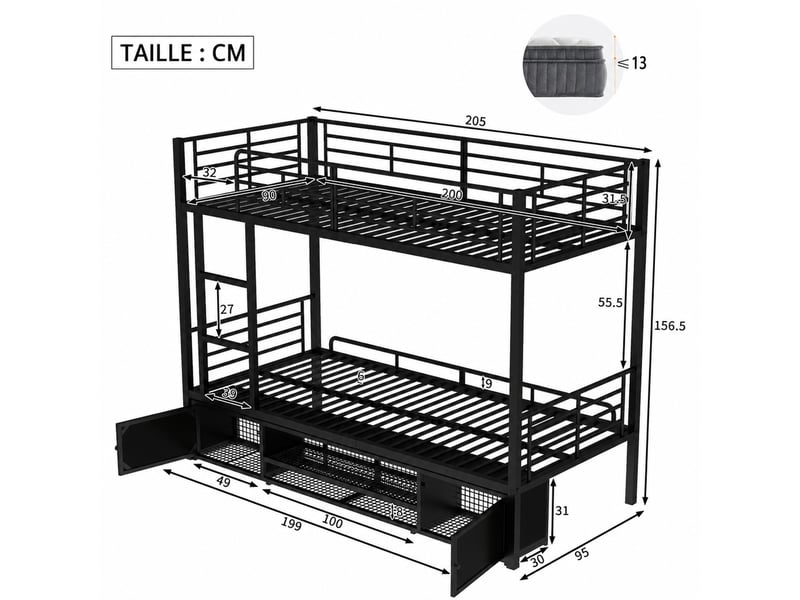 Lit superposé en métal, lit 2 places avec étagère à chaussures et 2 placards, 200x90 cm, sans matelas, noir - Conforama D