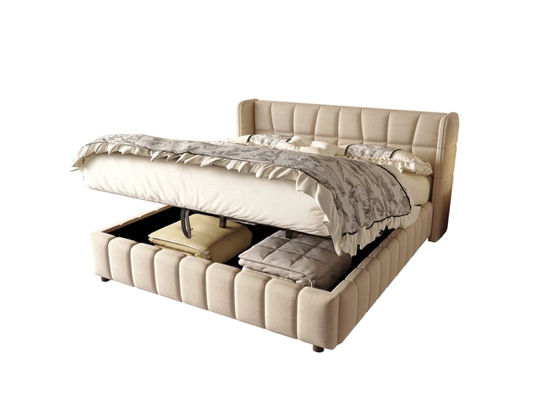  Lit coffre 180 x 200 cm avec rangement pneumatique, tête de lit capitonnée, sommier à lattes, lin beige  - Conforama A