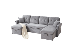 Canapé d'angle panoramique convertible MODFU  4 places Tissu gris avec coffre de rangement