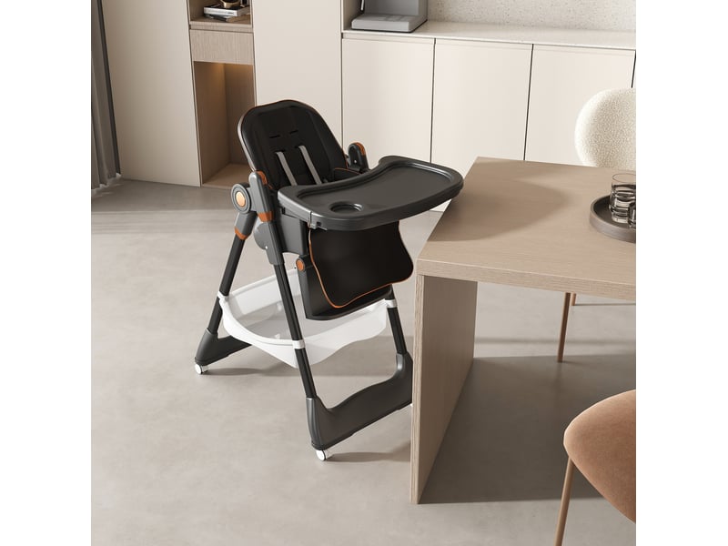  Chaise haute bébé pliable 53x76x95 cm, roulettes avec frein, réglable 5 hauteurs, chaise bébé compacte, pu, noir  - Conforama B