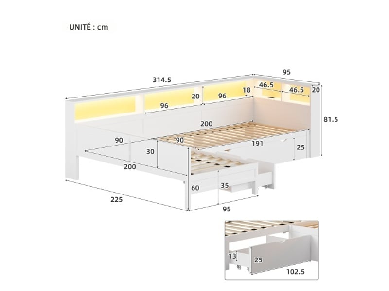 Lit de plateforme en l 90x200 cm avec lit roulant et tiroir, bois massif, blanc BUBBLY - Conforama C