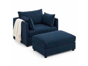 Fauteuil avec pouf modulable et coffre de rangement, repose-pieds pour salon et petits espaces, en velours bleu