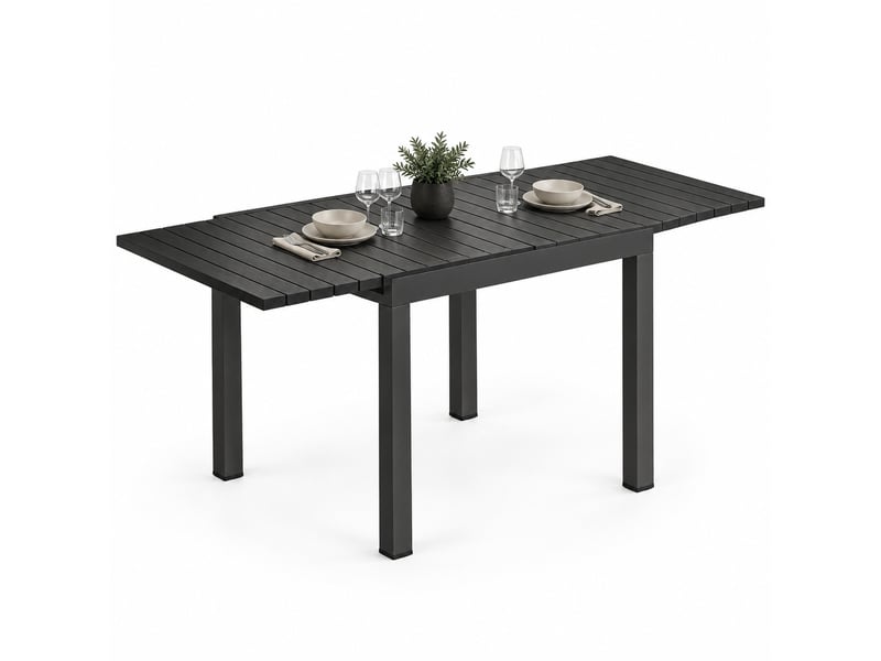  Table de jardin extensible pour 4 à 6 personnes, avec rallonge automatique et plateau à lattes, aluminium, noir  - Conforama A