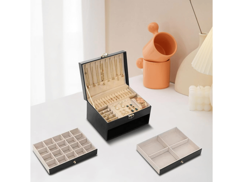  Boite a bijoux, rangement bijoux 3 niveaux boite , boite à bijoux femme boite rangement bijouxrange,noir  - Conforama E