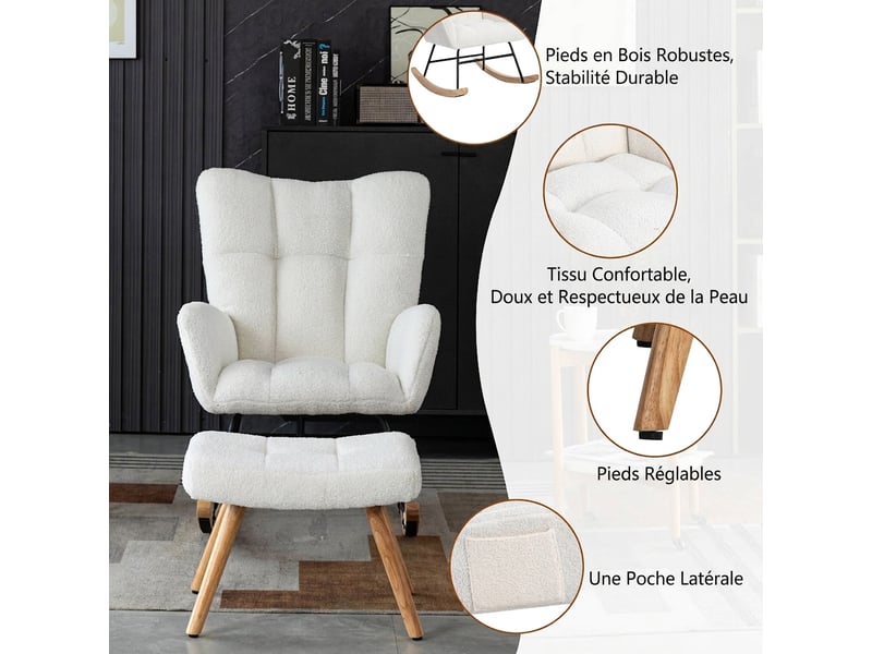 Fauteuil à bascule blanc avec repose-pieds, tissu bouclette et cadre en bois d'hévéa, siège lounge, 92 cm  - Conforama R