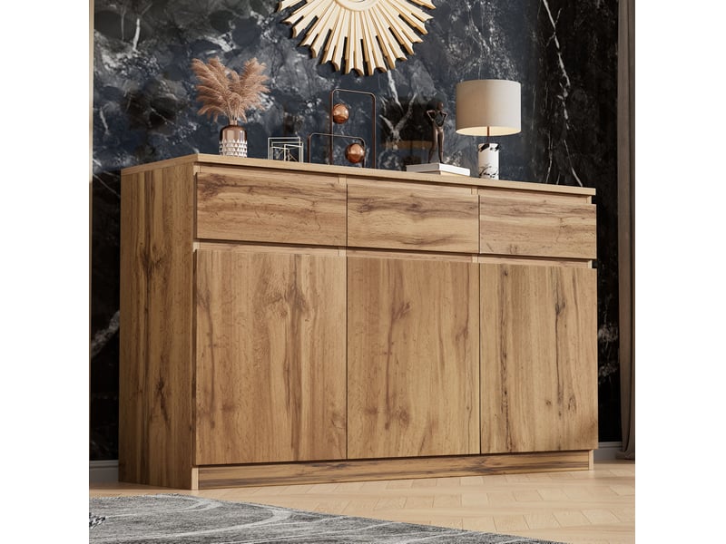  Buffet 3 portes et 3 tiroirs en bois naturel, avec rangements et étagères réglables, 135 x 40 x 81 cm  - Conforama D