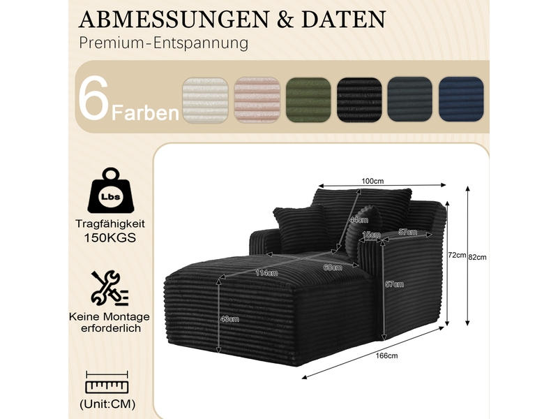  Canapé convertible 1 place en velours côtelé noir, chaise longue confortable pour salon, bureau et petit appartement  - Conforama C
