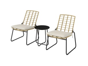 Salon de jardin 3 pièces en rotin 56x67x78 cm – beige – 2 fauteuils empilables et table ronde noire
