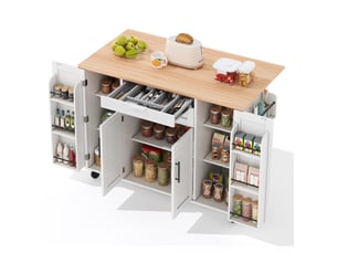 Desserte de cuisine mobile 136x70x92 cm, plateau extensible, blanc et naturel