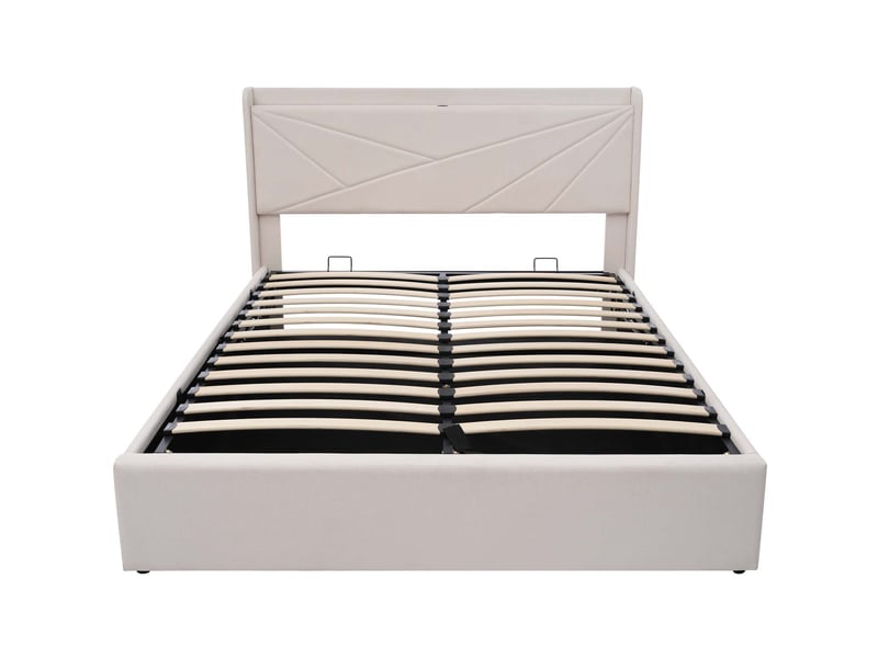 Lit Coffre 160x200 Avec Rangement Et Ports USB - Sommier Lattes - Capitonné Beige - Sans Matelas