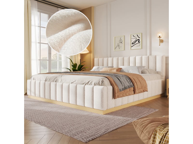  Lit plateforme 180x200 cm beige, tissu chenille, tête de lit rembourrée, sommier à lattes inclus, structure anti-glissement  - Conforama B