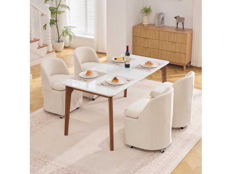  Lot de 2 chaise salle à manger 53x53,5x78,5 cm, roulettes, pivotante 360°, revêtement chenille beige, pour cuisine  - Conforama D