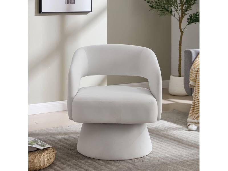  Fauteuil pivotant à 360° 66x68x75 cm, dossier ouvert, base métallique et bois, mousse moelleuse, en tissu en chenille beige  - Conforama D