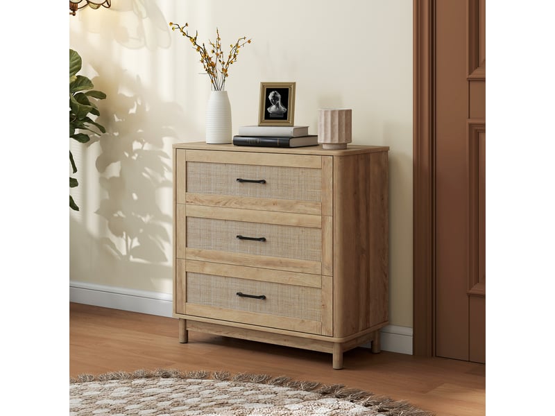  Commode 3 tiroirs en rotin, meuble de rangement, chiffonnier, pieds en bois massif, style bohème, 76x35x76cm, chêne  - Conforama D