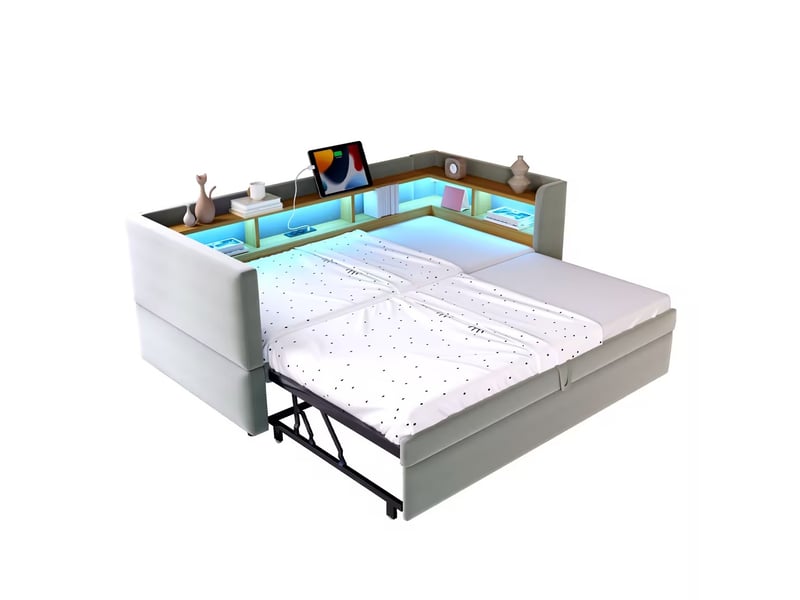  Lit banquette rembourré extensible 90x190 à 180x190 cm avec rangements, led multicolore, prises électriques, sommier à 24 lattes, flanelle gris clair Radiant Stride - Conforama A