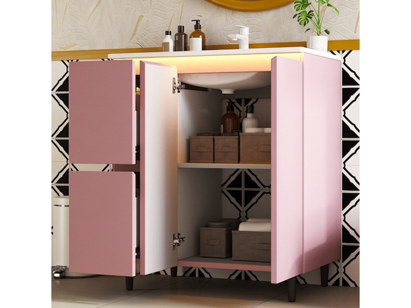  Meuble salle de bain rose sur pied avec vasque en céramique intégrée 76 cm  - Conforama C
