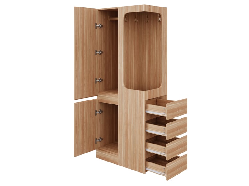 Armoire de rangement 70 x 40 x 170 cm, avec tiroirs et espaces de rangement, zone de suspension ouverte, une porte, couleur bois - Conforama E