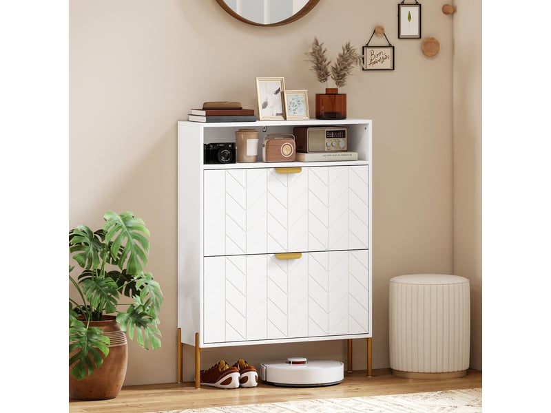  Meuble à chaussures 16 paires, armoire à chaussures étroite avec 2 tiroirs rabattables, compartiment ouvert, blanc  - Conforama C