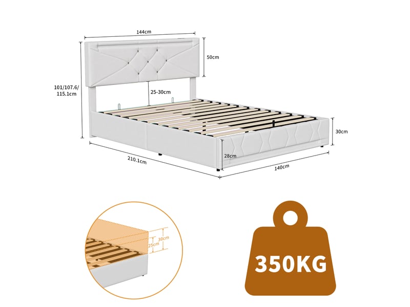  Kefsr lit coffre 140x200 cm avec sommier et led, lit adulte 2 places en tissu lin beige avec rangement, tête de lit réglable et prises usb  - Conforama C