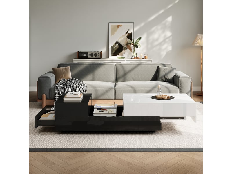  Table basse noir et blanc 100x50cm, table de salon avec tiroir et plateau coulissant, design géométrique finition brillante  - Conforama C