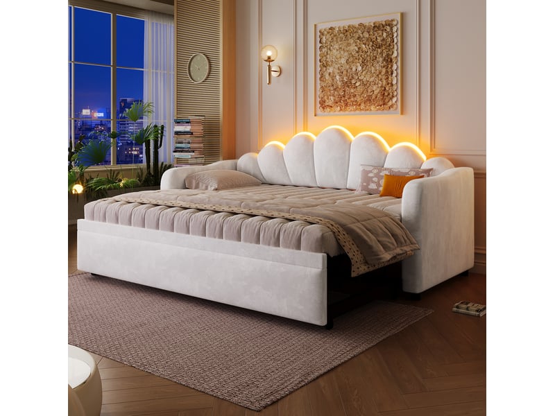  Lit gigogne multifonctionnel 90x200 cm led, lit enfant, lit simple avec tête de lit, mdf, velours blanc sans matelas  - Conforama R