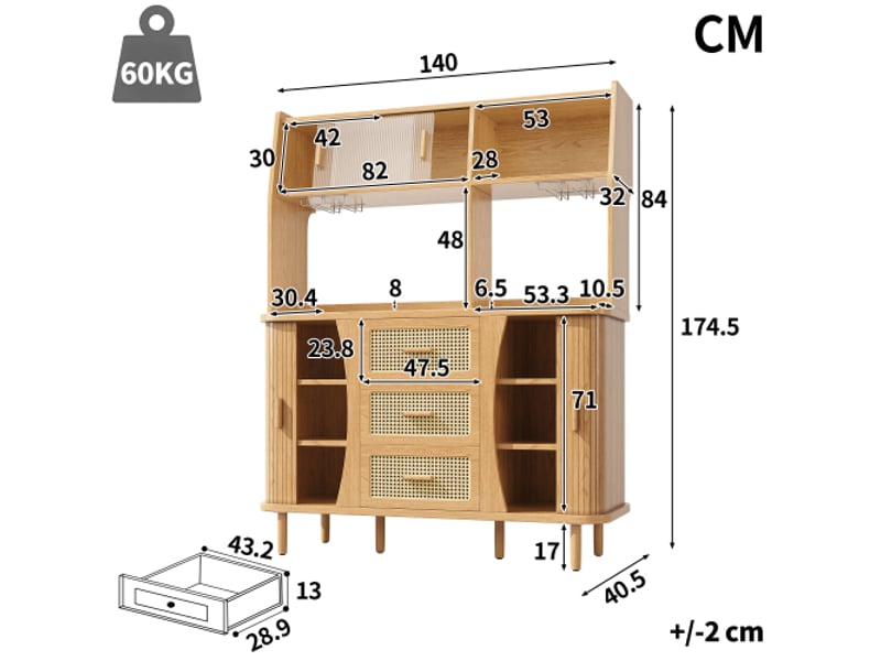  Buffet haut 174,5 cm en bois naturel, look rotin, portes coulissantes en verre, rangement cuisine  - Conforama C