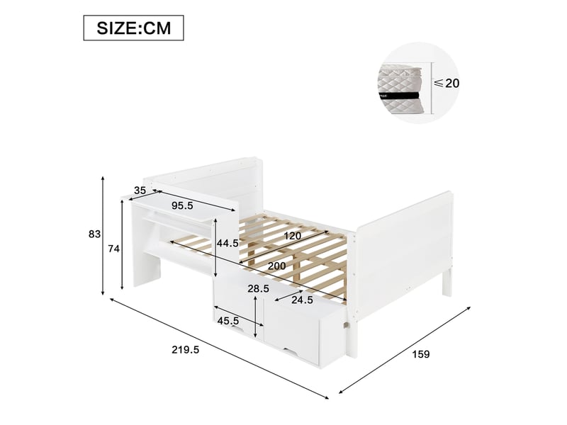  Lit simple 120x200 cm avec bureau et rangements, blanc, sans matelas  - Conforama C