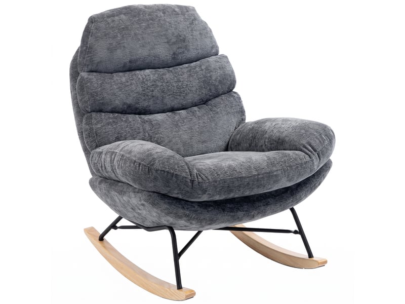  Fauteuil à bascule en chenille, assise en tailleur, coussins double épaisseur, dossier moelleux, piètement en hévéa, gris foncé  - Conforama A