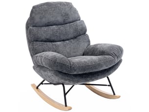 Fauteuil à bascule en chenille, assise en tailleur, coussins double épaisseur, dossier moelleux, piètement en hévéa, gris foncé
