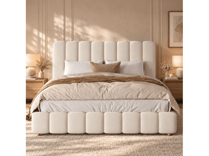  Lit double 200x200 cm, lit adulte en velours beige avec sommier à lattes, sans matelas  - Conforama R