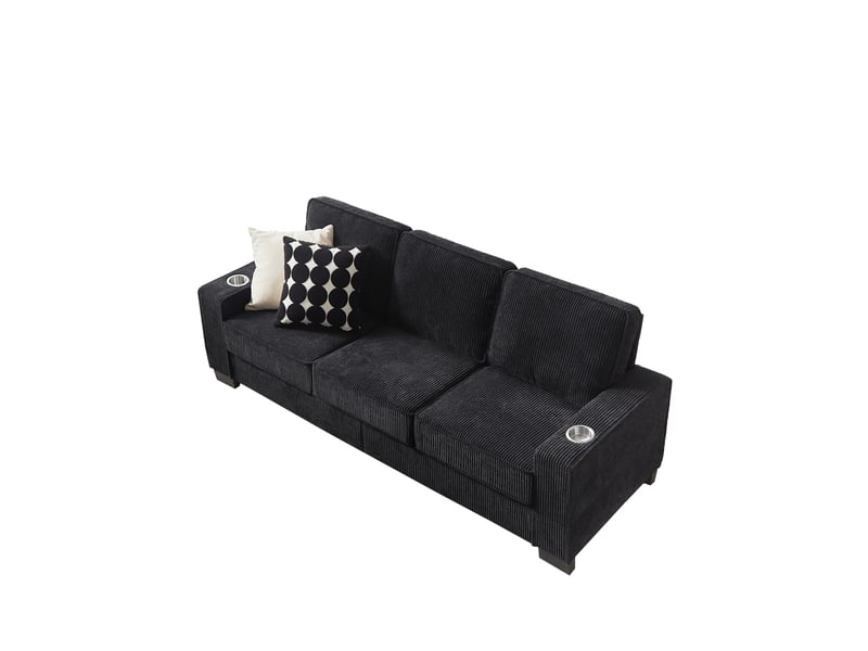 Canapé droit 3 places avec porte-gobelets intégrés - accoudoirs larges, velours côtelé noir, 206 cm - Conforama A