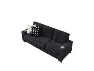 Canapé droit 3 places avec porte-gobelets intégrés - accoudoirs larges, velours côtelé noir, 206 cm