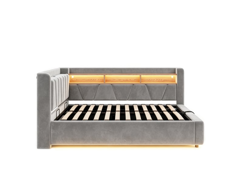  Lit banquette coffre 140 × 200 cm en velours gris, led et usb IKSETERA TRADING LTD - Conforama R