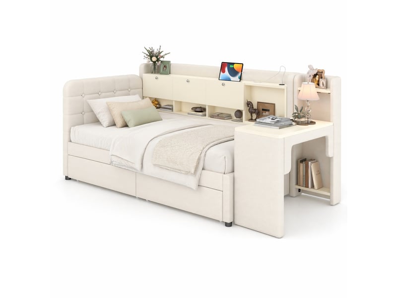  Lit banquette 90 cm avec bureau modulable, 2 tiroirs, rangements et ports usb et type c, en lin beige  - Conforama A