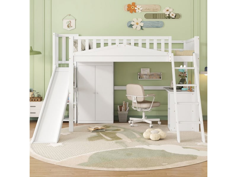  Lit mezzanine 90x200 cm, lit simple enfant, porte sécurité, toboggan, escalier, armoire, étagère rangement, blanc  - Conforama B