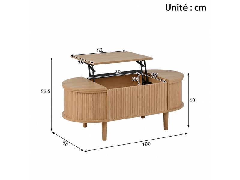  Table basse ovale vintage à plateau relevable avec rangement – chêne – 100 x 48 x 53,5 cm  - Conforama D