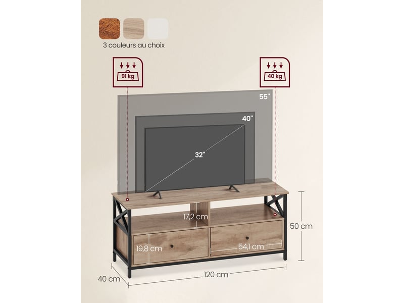 Meuble tv industriel table télé jusqu'à 55 pouces avec 2 tiroirs et 2 étagères ouvertes 120 x 40 x 50 cm pour salon chambre cadre en acier marron rustique et noir 12_0006556  - Conforama B