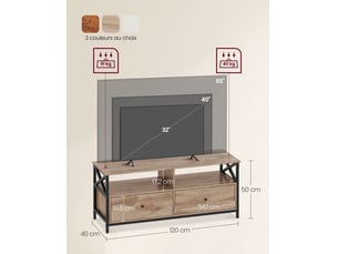 Meuble tv industriel table télé jusqu'à 55 pouces avec 2 tiroirs et 2 étagères ouvertes 120 x 40 x 50 cm pour salon chambre cadre en acier marron rustique et noir 12_0006556