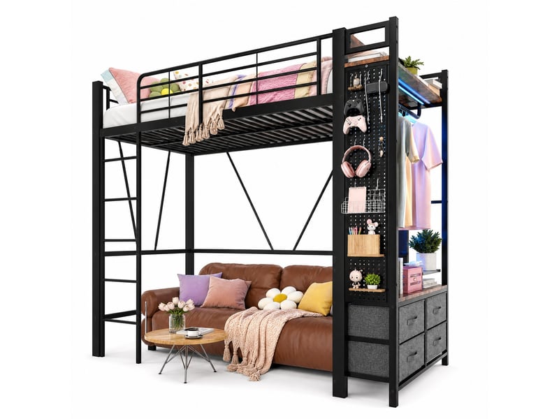  Lit mezzanine 200×90 cm avec 4 tiroirs, étagères, éclairage led et ports usb et usb-c, sans matelas, noir  - Conforama A