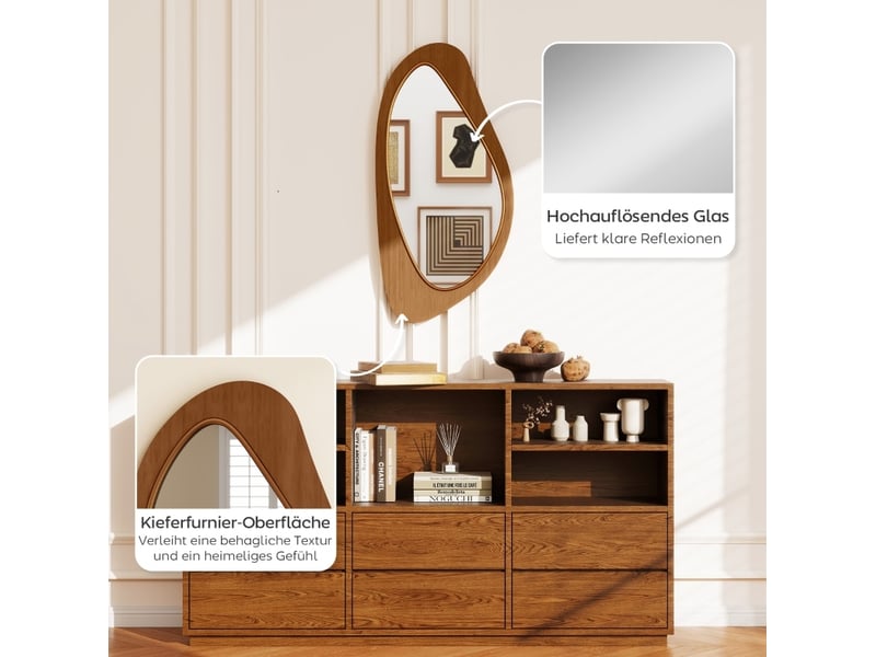  Miroir mural 91,5 x 45 x 3 cm en verre, cadre en placage de pin et mdf, forme organique, prêt à suspendre  - Conforama E