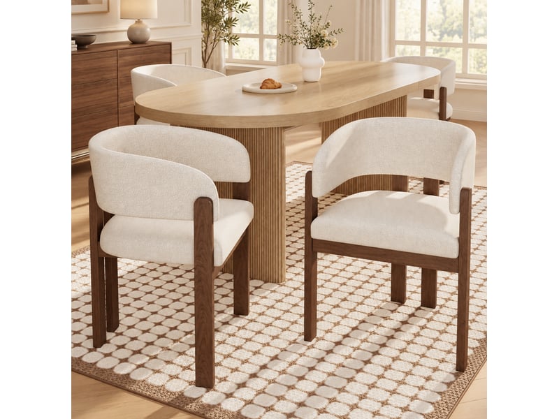 Lot de 2 chaises de salle à manger avec accoudoirs en tissu bouclé, beige et coloris noyer - Conforama B