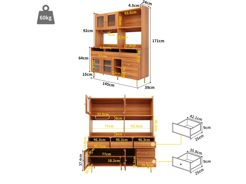  Buffet haut modenvie avec portes en verre cannelé, rangement multi-niveaux, porte-bouteilles, marron noyer, mdf et métal, 145 x 39 x 171 cm  - Conforama C