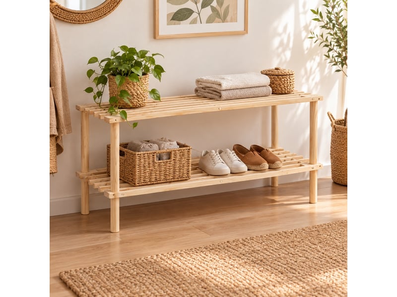 Lot de 2 étagère à chaussures en bois de sapin naturel à 2 niveaux à lattes-longueur 64 x profondeur 26 x hauteur 30 cm - Conforama B