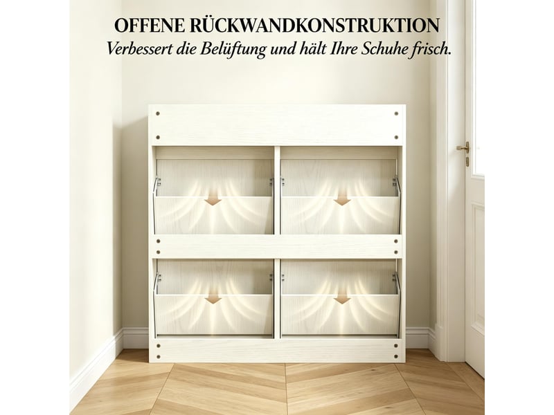  Meuble à chaussures,98x19,2x95,3 cm,8 paires avec 2 tiroirs et 4 abattants,blanc  - Conforama D