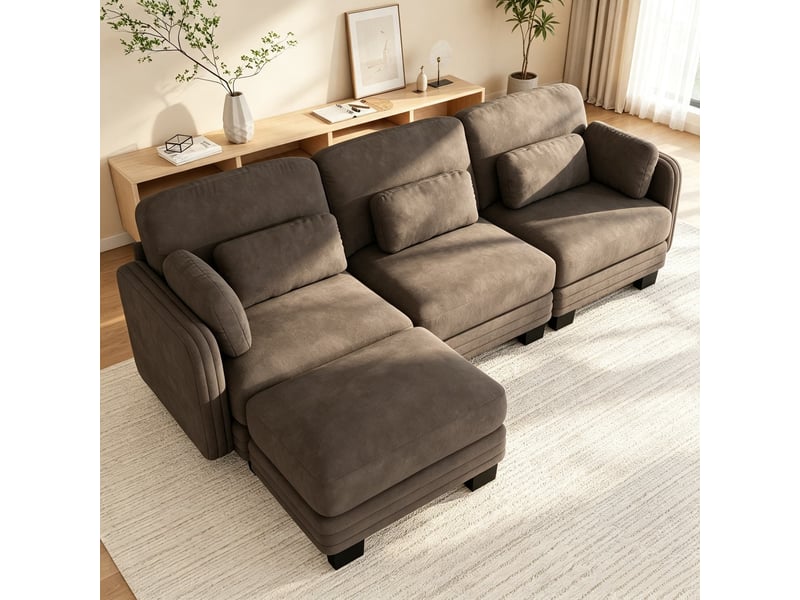  Canapé d’angle 3 places en l, modules combinables librement, revêtement en chenille, 1 ottomane, 253 × 143 × 88 cm, marron  - Conforama D
