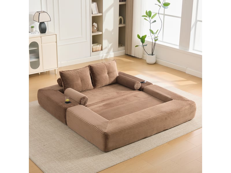  Canapé convertible 2 places en velours côtelé marron avec porte-gobelet et pochettes latérales  - Conforama B