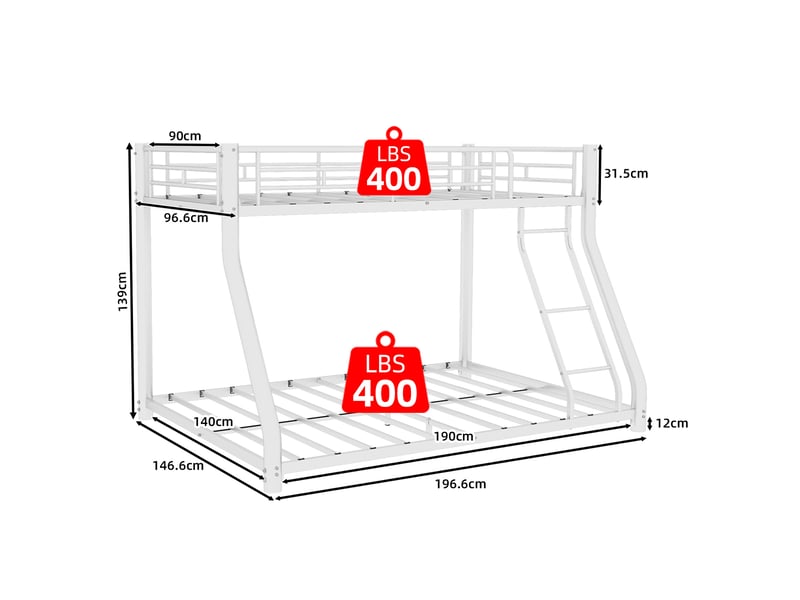  Lit superposé métal 90 x 190140 x 190 cm, avec 2 couchages, échelle et barrières de sécurité, blanc  - Conforama C