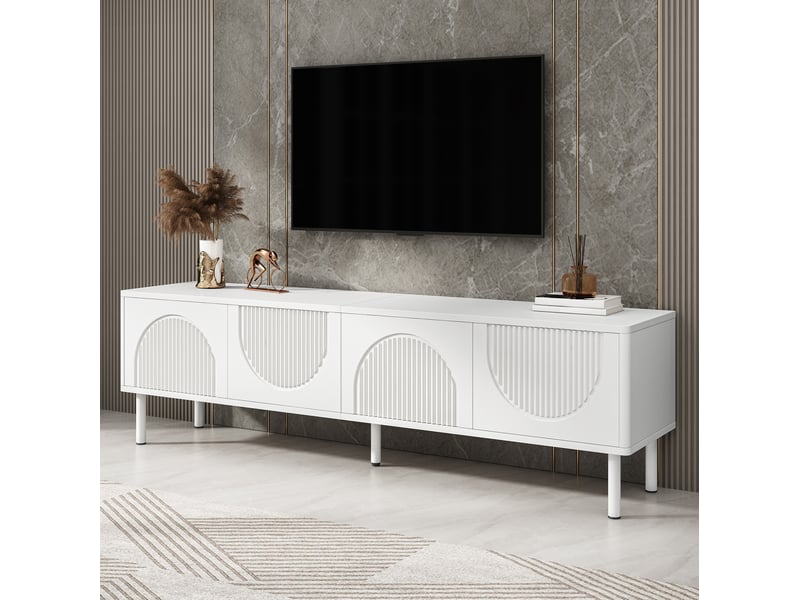  Meuble tv ulevr 180 cm avec 4 compartiments fermés et passe-câbles, mdf et panneaux de particules, blanc mat  - Conforama B