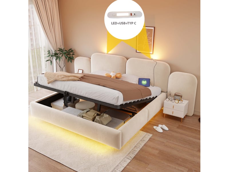 Lit coffre 180x200 cm en velours beige avec led rgb, usb et usb-c  - Conforama E